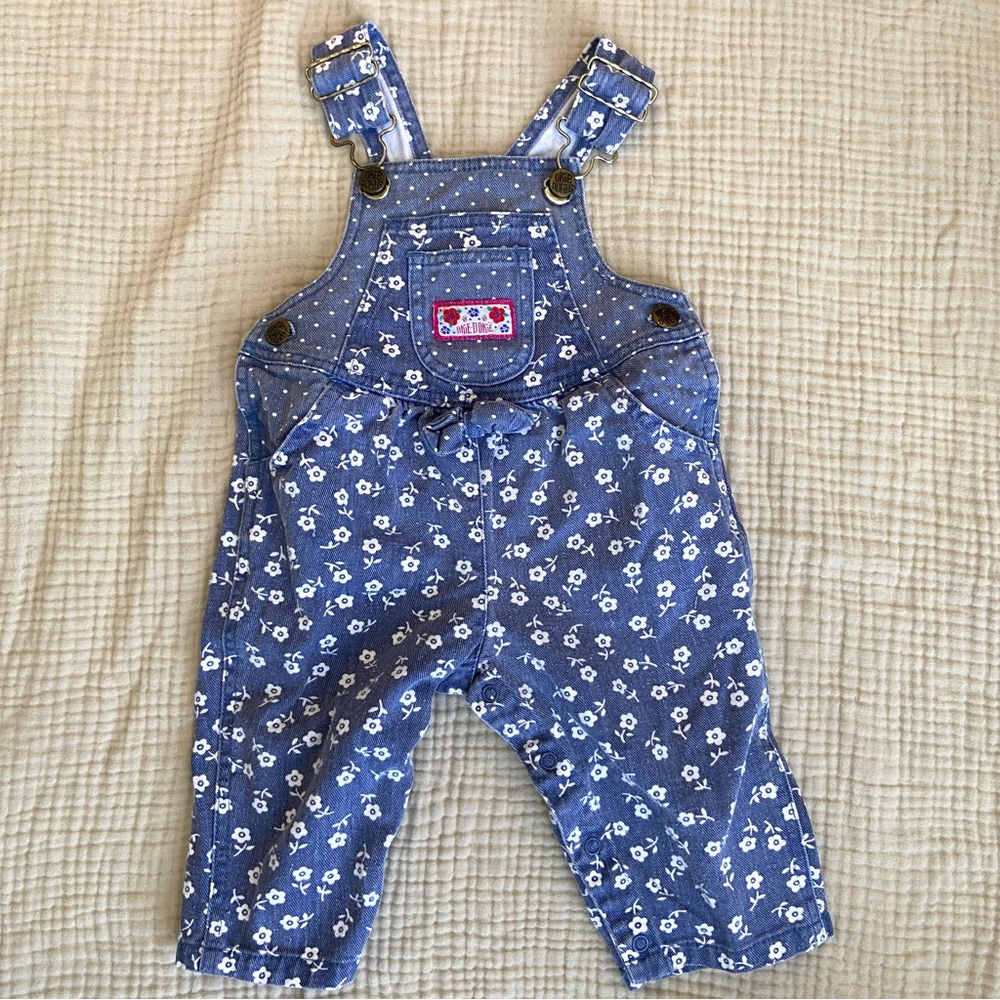 Vtg Okie Dokie Baby Girls Floral Denim Overalls Size 12 Months Country Retro
